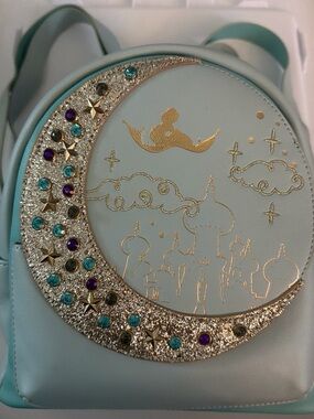 Gold-Accent Moon Embroidered Light Blue Backpack Purse